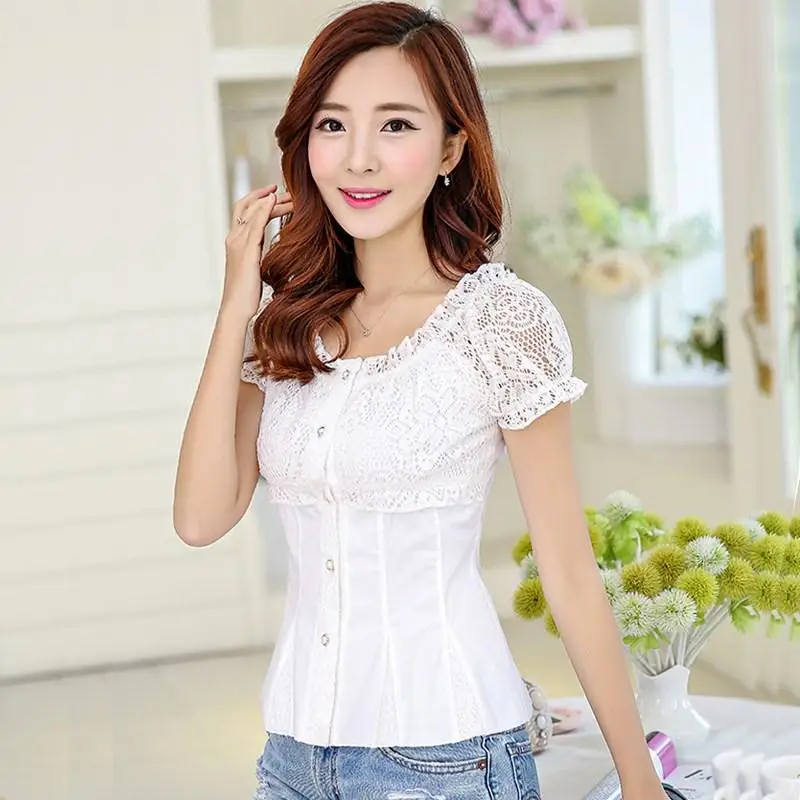 Lace grid female xia Han Fan short-sleeved white