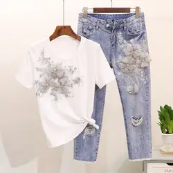 RayDtun, женская летняя футболка 2019, 2 шт., стильная вышивка, 3D цветок, короткий рукав, футболка + тяжелая, для работы, джинсы, с дырками, джинсовые
