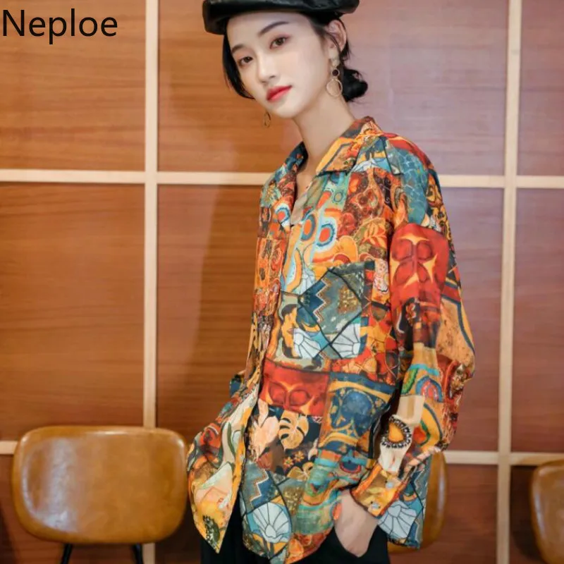 Neploe отложной воротник печать одна блузка с коррекцией груди для женщин осень весна новая уличная одежда длинный рукав свободная рубашка праздник 47336