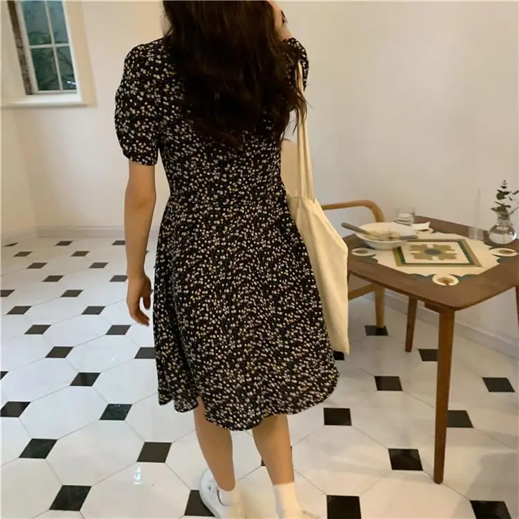 Dress Women Summer Purple High Waist Midi Elegant Floral Sweet V-neck Short Sleeve Slim Trendy Casual Daily Female Ruffled Chic