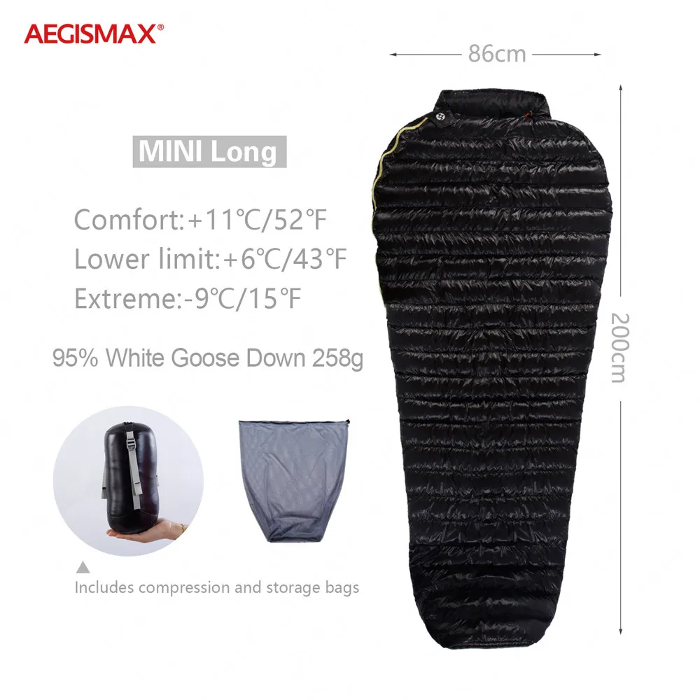 AEGISMAX мини Сверхлегкий 43℉~ 52℉ спальный мешок гусиный пух типа «кокон» Сращивание Открытый Унисекс Водонепроницаемый походный спальный мешок - Цвет: MINI-Black-Long