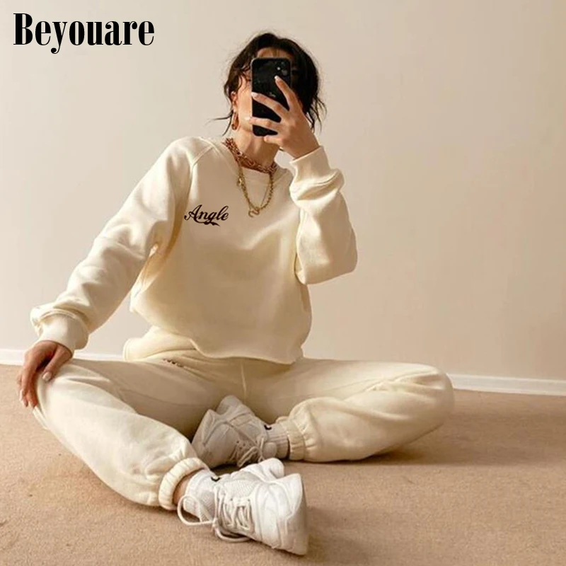 

Beyouare Casual Loose Letter Printed Women Two Piece Suit 2020 Autumn Round Neck Long Sleeve Sweatshirt And Elastic Waist Pants