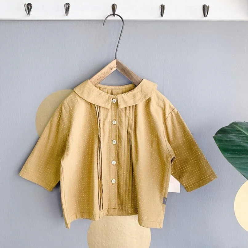 yellow girls blouse Г. Весенне-осенняя блузка-рубашка для девочек одежда в горошек с длинными рукавами для малышей хлопковые детские блузки и топы для девочек - Цвет: yellow girls blouse