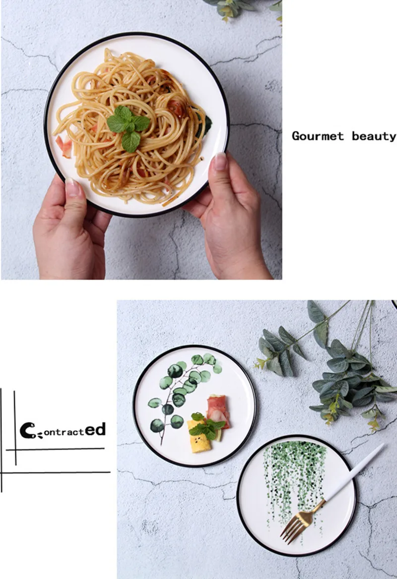 Креативные керамические тарелки в скандинавском стиле с зеленым растительным узором, декоративное блюдо для дома, кухни, круглая посуда для еды, салата, стейка, завтрака