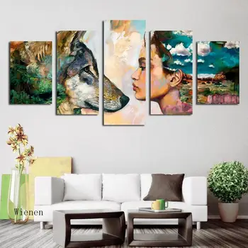 

Animal and Beautiful Woman Canvas Oil Painting Hd Print Five Pieces Frameless Poster Living Room Home Decoration Art Pictures