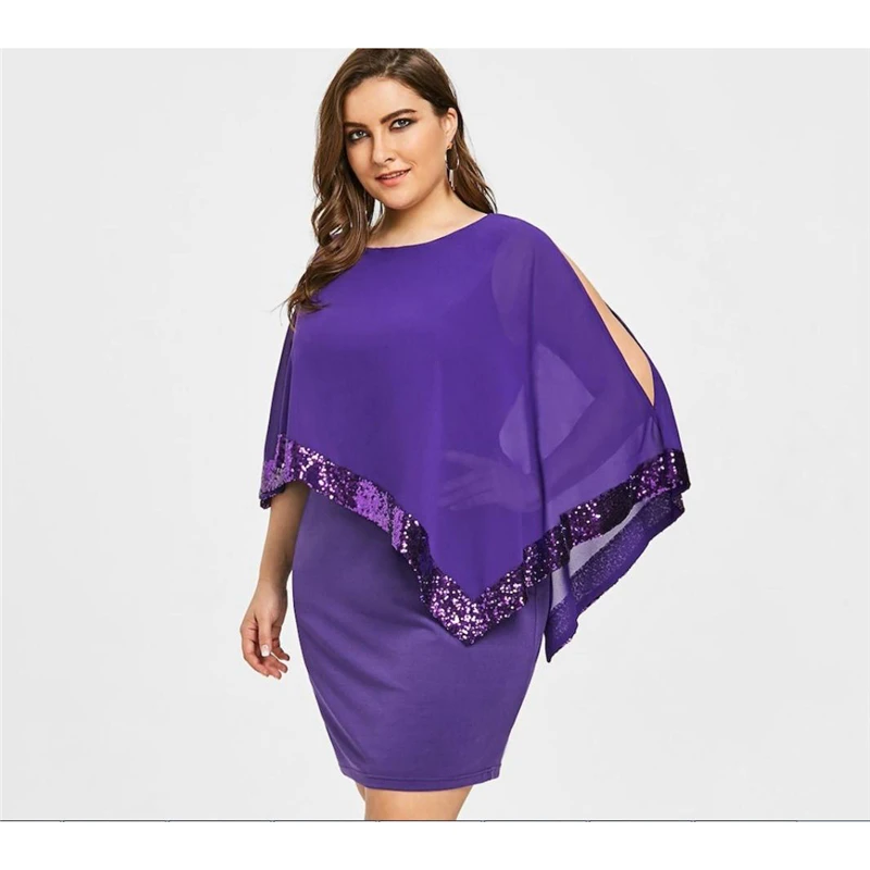 New Fashion Women's O Neck Cloak Sleeve Dress Sequined Slim Dress Ladies Casual Mini Dress Evening Party Dress Summer Plus Size - Цвет: Фиолетовый