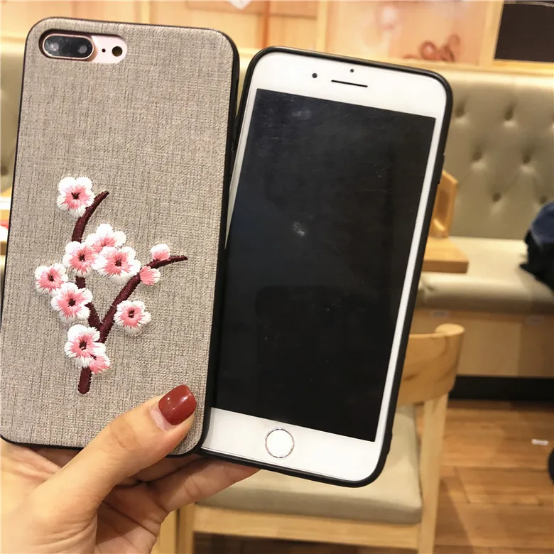 for iPhone 11 11 Pro Max X XS Max XR 6 6s 7 8 Plus Case Plum blossom Embroidery Fabric Soft Shockproof Back Cover Case Funda