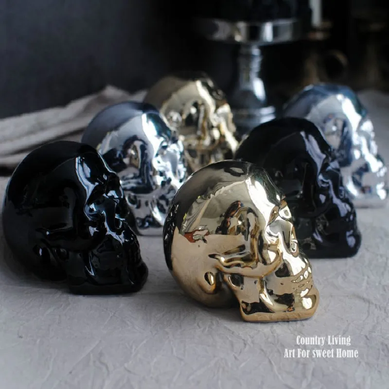 Керамическое покрытие процесс череп золотой серебряный черный скульптура черепа Бар Магазин маленькие украшения Хэллоуин украшения подарки