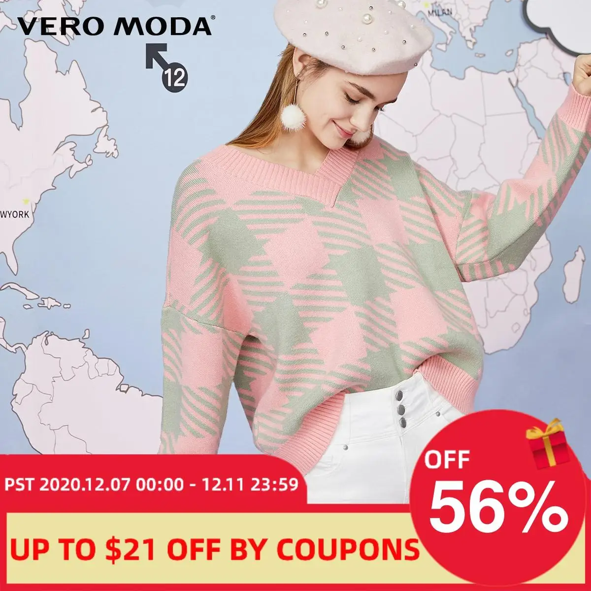 

Vero Moda Women's Loose Fit V-neck Assorted Colors Plaid Pullover Sweater Knit Top | 319313541