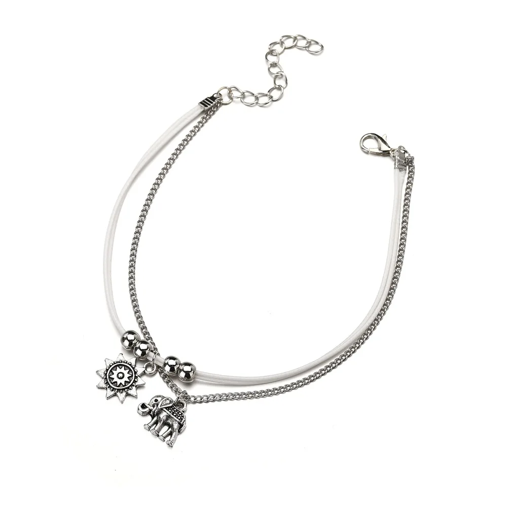 European and American Style Bohemian Retro Anklet Foot Accessories Alloy Elephant Sun Three-layer Multi-layer Square BeadsAnklet