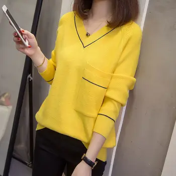 

Women's T-shirt 2020 new spring clothing Korean V-Neck long sleeve base coat loose women