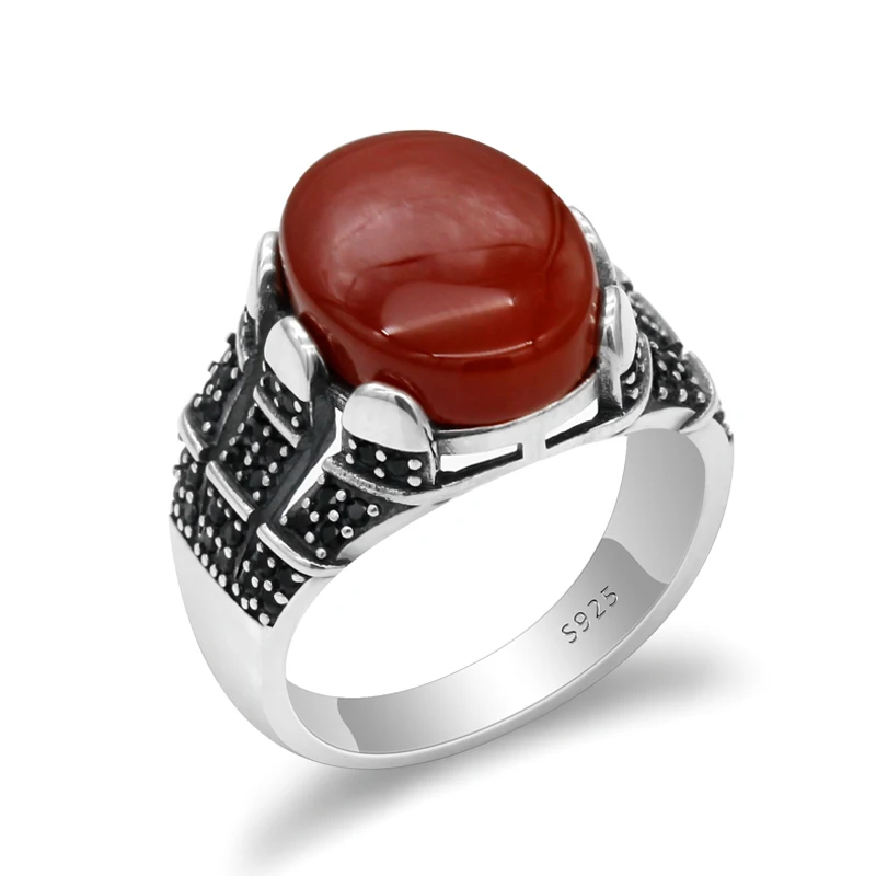 Red Stone Турецкое черное кольцо 925 пробы серебро большой натуральный камень оникс мужское кольцо винтажное тайское серебряное стильное для мужчин и женщин ювелирное изделие - Цвет основного камня: Red Stone