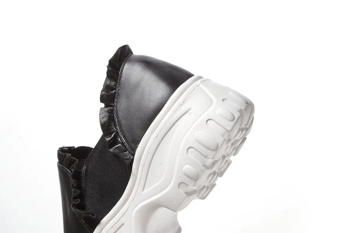 Krazing pot genuine leather ruffles decoration platform slip on round toe wedge women white sneakers casual vulcanized shoes L90