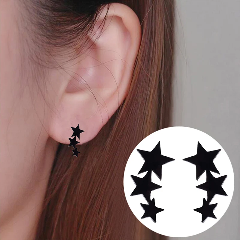 Jisensp NEW Fashion 3 Star Earings Black Stainless Steel Stud Earrings for Women Cute Minimalist Jewelry Earing oorbellen Brinco