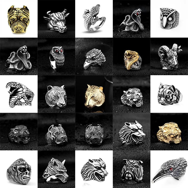 Gothic Titanium Black Animal Red Stone Rings Punk Rock 316L Stainless Steel Finger Ring Mens Biker Male Jewelry | Украшения и