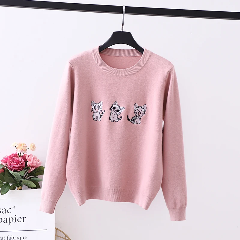 Pink Японский стиль Kawaii Cat Вышивка пуловер свитер для женщин Осень Зима Простой базовый с круглым вырезом вязаный свитер Джемперы для женщин - Цвет: Pink
