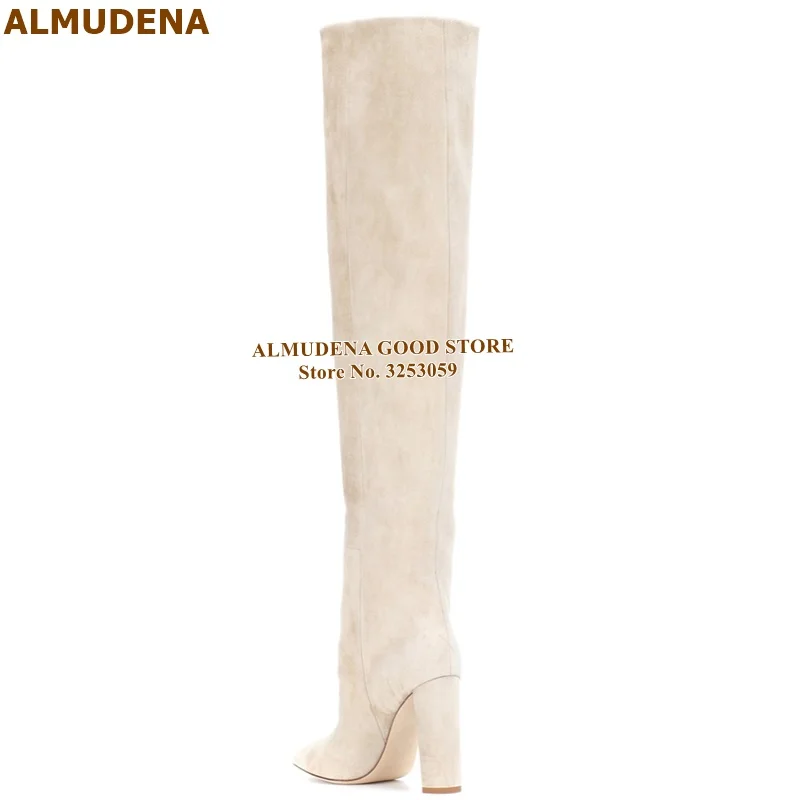 ALMUDENA; Лидирующий бренд; женские замшевые плиссированные высокие сапоги молочно-белого цвета; осенне-зимняя обувь на не сужающемся книзу массивном каблуке; модельные туфли-лодочки; Прямая поставка; размер 46
