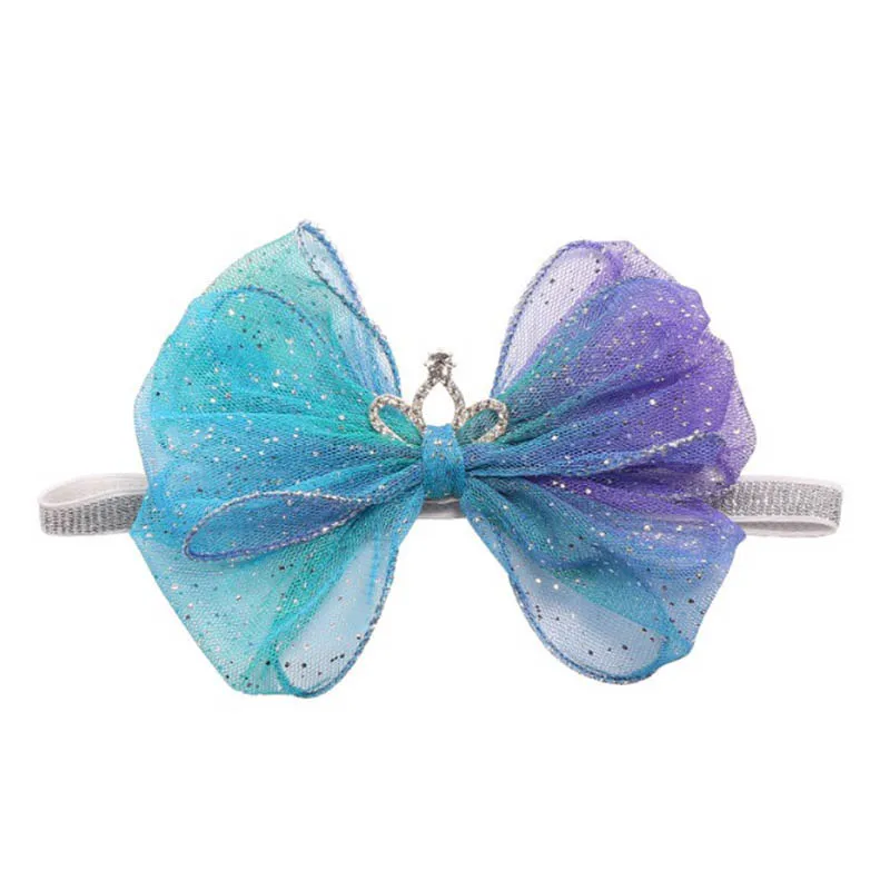 20 pcs/lot, 13.5 cm Rainbow bow hair band New children's hair accessories mesh sequined crown hairpins - Цвет: bow with headband