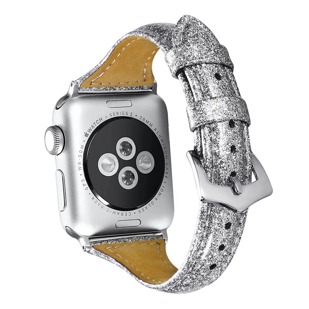 Кожаный ремешок для наручных часов Apple Watch, версии 5, 4, 3, 2, с сияющими блестками наручный ремень тонкий браслет для наручных часов iWatch, 40/44/38 мм/42 мм аксессуары