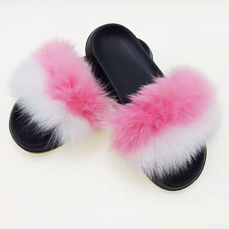 Pink White Женские меховые Тапочки большого размера; женские шлепанцы без задника с натуральным лисьим мехом; домашние сандалии с лисьим мехом; женские меховые тапочки; женская домашняя обувь на плоской подошве - Цвет: Pink White