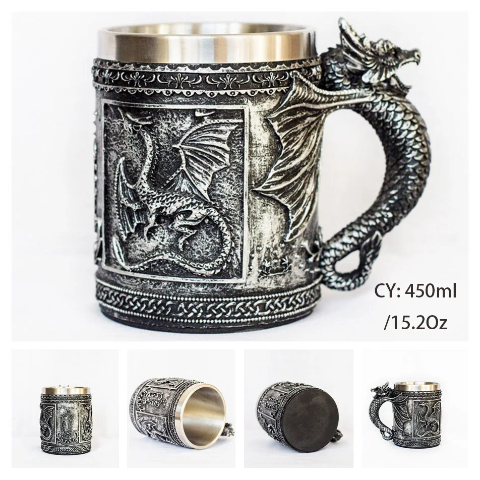 Silver Flying Dragon Средневековый дракон, нержавеющая сталь, пивная кружка 600 мл, ретро кружка с черепом, кофейная чашка, чайная кружка, стакан, декор для паба, бара, Прямая поставка - Цвет: Silver Flying Dragon