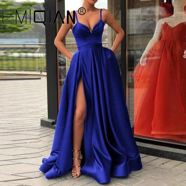 Champagne Muslim Evening Dresses, High Slit Spaghetti Straps Sweetheart A-Line Satin Long Prom Dress 2