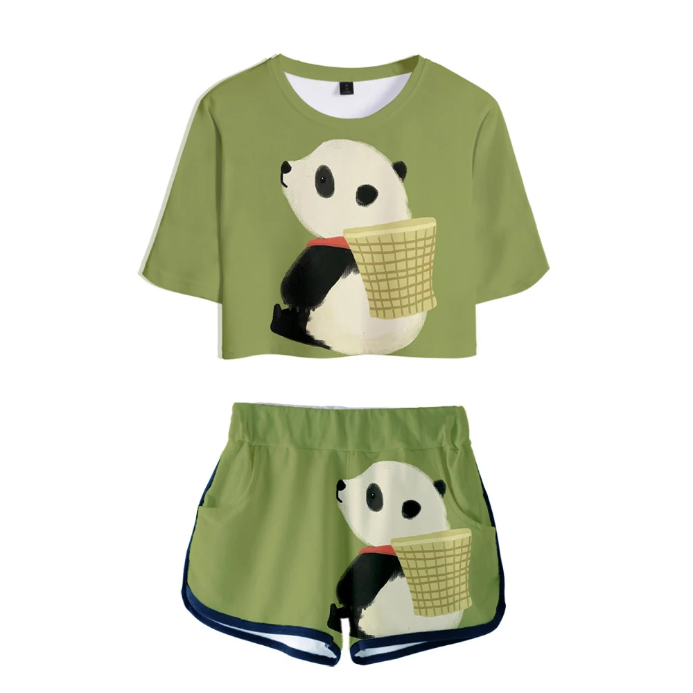 

Classic Cute China Panda Dew navel Sport Girl Short Sleeve tracksuit Beautiful Girls Sexy Two Pieces sets T-shirts shorts Pants