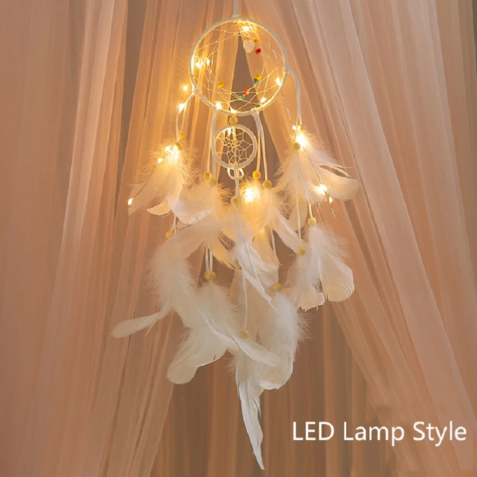 2 метра освещение Ловец снов подвесной DIY 20 светодиодный светильник перо ремесла колокольчики Девушка Спальня романтическое подвесное украшение подарок - Цвет: White LED Lamp