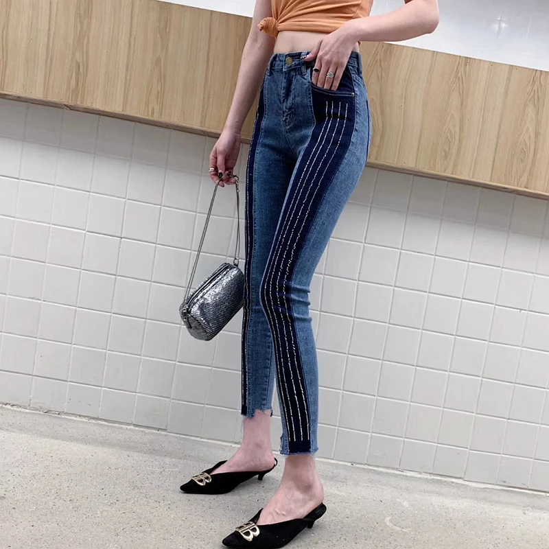 Heavy work hot drilling contrast color jeans womenspring and autumn new high waist tight skinny feet ankle length pencil jeans
