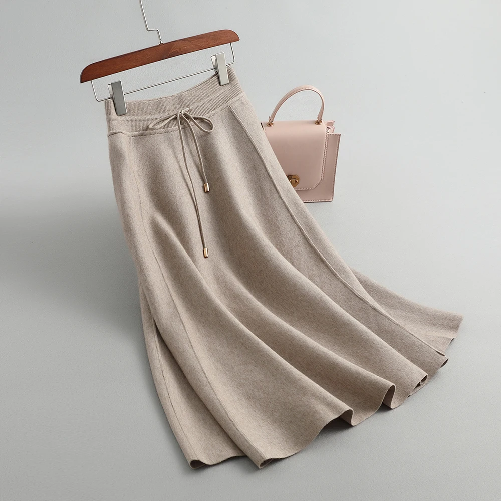 Color 1 High Waist Wool Knitted Drawstring Waist Women Winter A-Line Long Skirt Stretch Women Autumn Skirt Faldas Jupe Femme Saia - Цвет: Color 1