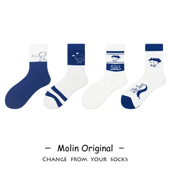 

Patchwork Sweet Woman Sock White Socks for Women Blue Style Ladies High Creative Standard Sox Female Cotton Trendy Spring Sokken