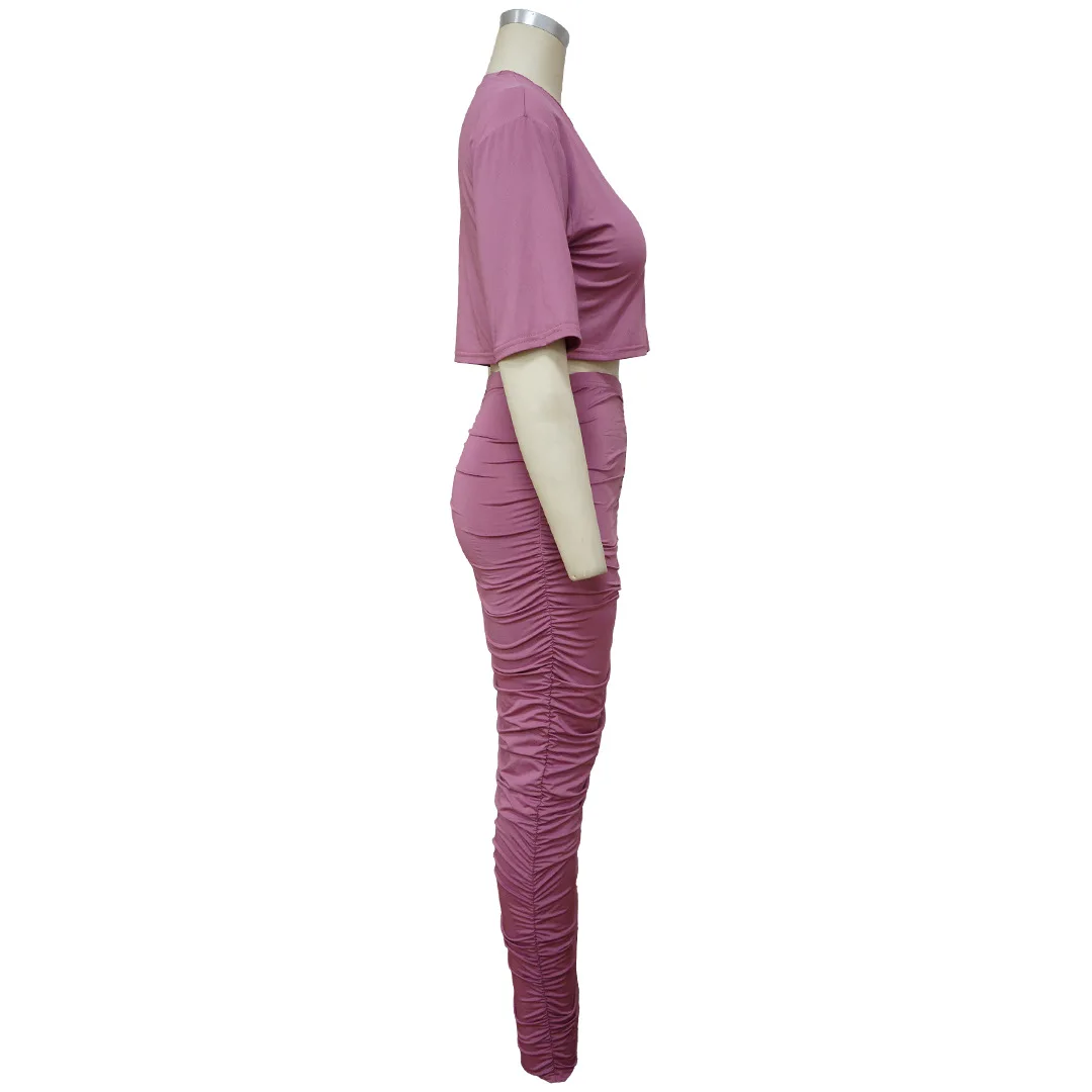 SKMY 2024 Ruched Solid Color Tracksuit Women Short Sleeve Crop Tops And Long Skirts Casual Clothes Sexy Two Piece Set