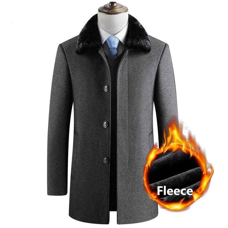 Зимний теплый шерстяной пиджак мужской повседневный тонкий меховой воротник ветровка куртка палто шерсть пальто мужской длинный Горох пальто Тренч - Цвет: gray  fur collor