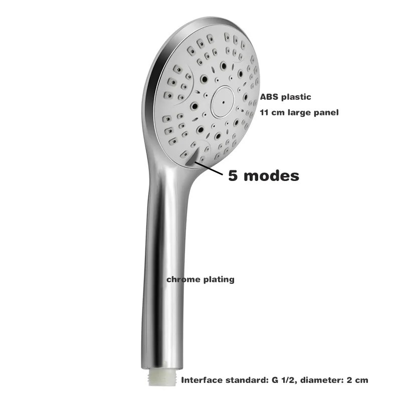 New 5 modes ABS plastic Bathroom shower head big panel round Chrome rain head Water saver Classic design G1/2 rain shower head