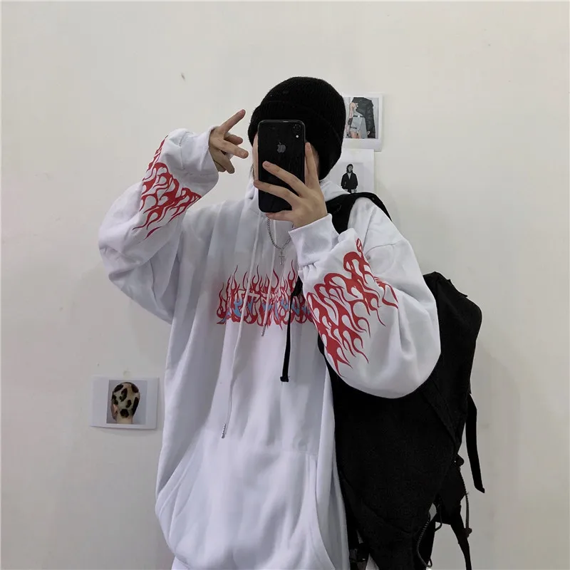 Lychee Harajuku повседневные свободные женские флисовые толстовки с надписью «пламя» Женские флисовые толстовки с капюшоном осенние зимние женские топы с капюшоном