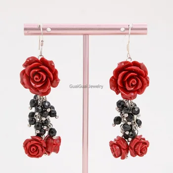 

GG Jewelry Natural Round Onyx Red Flower Earrings