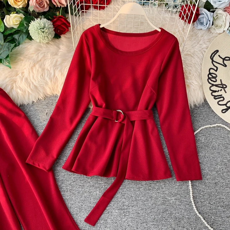 ALPHALMODA модный костюм с длинными рукавами пуловер пояс-кушак наряд+ расклешенные ноги дамы 2 шт брюки костюмы сплошной осенний комплект одежды