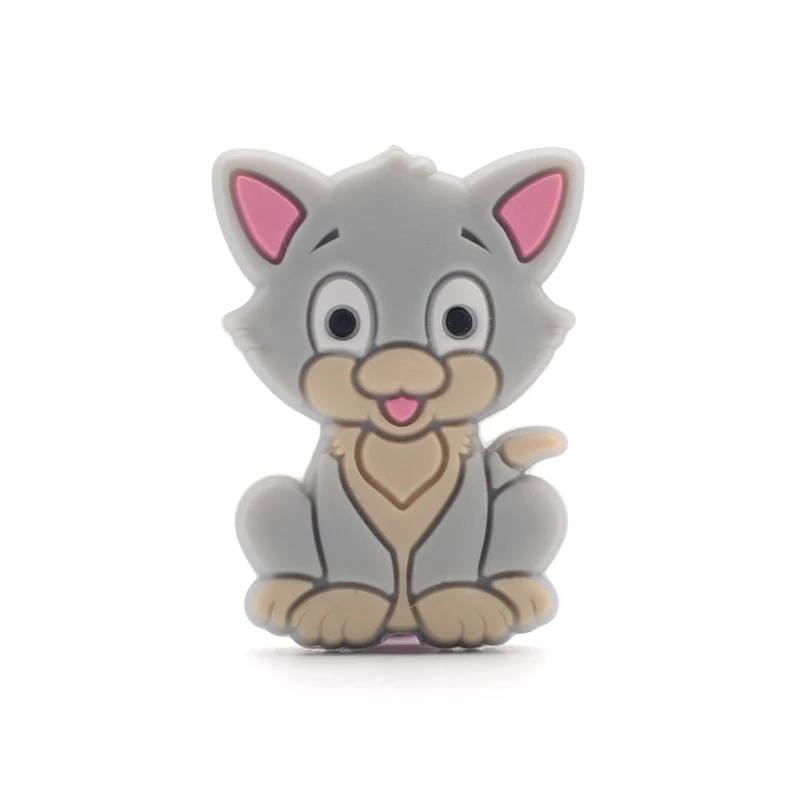 light grey cat LOFCA силиконовые бусины в виде животных, не содержит бисфенола, для прорезывания зубов, ожерелье, бусы в виде единорога, детский Прорезыватель в виде головы слона, игрушка для прорезывания зубов, аксессуары в виде лисы - Цвет: light grey cat