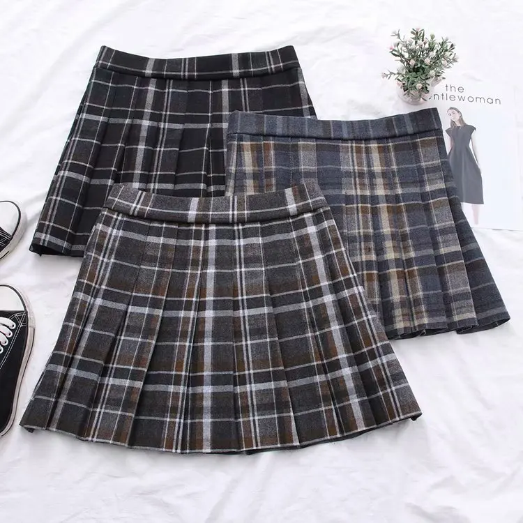 Винтажная плиссированная мини-юбка на молнии с высокой талией, а-силуэт, сексуальная шерстяная Зимняя юбка для женщин, клетчатая женская юбка, saia saias faldas