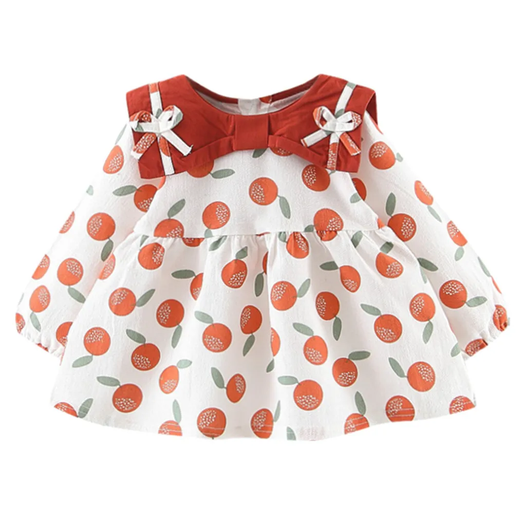 

Infant Toddler Baby Kid Girls Long Sleeve Bow Orange Print Button Princess Dresses A-line Dress Fashion Cute Autumn Clothes 2019
