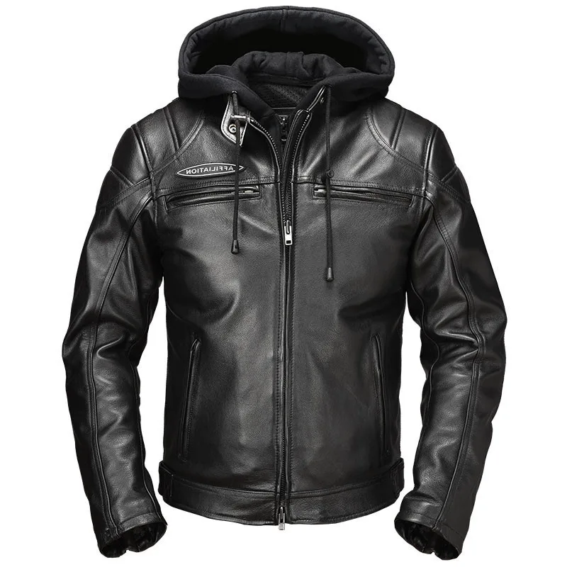 

2020 Black Men Hood American Motorcycle Jacket Plus Size XXXXL Genuine Thick Cowhide Slim Fit Leather Coat FREE SHIPPING