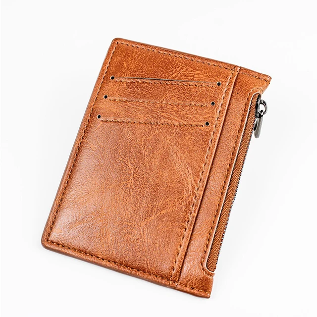Ultra Thin Zipper Wallet Men's Small Wallet Business PU Leather Wallets Band Solid Color Card Coin Purse Credit Bank Holder A-Brown