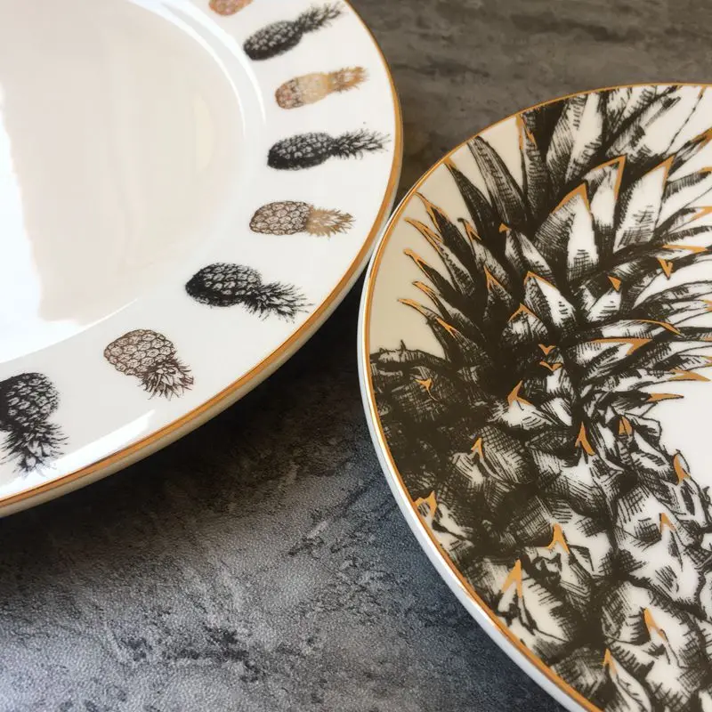 Керамическая тарелка в скандинавском стиле, золотой ананас, Черное золото, декоративная тарелка для дома, Западная десертная тарелка для стейка, посуда