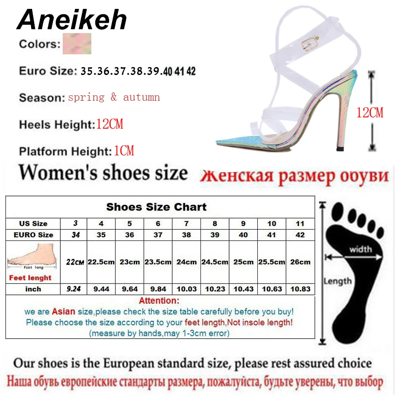 Aneikeh/ г. Летние модные босоножки из ПВХ женская обувь прозрачные вечерние туфли на высоком тонком каблуке с острым носком и ремешком на щиколотке с пряжкой Размеры 35-42