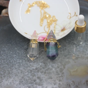 

Faceted Fluorite/Clear Crystal Perfume Bottle Necklace Pendants,Cut Hexagon Prism Point Gems Stone Essential Oil Bottle Charms