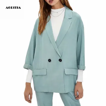 

2019 Women Long- sleeve Buttons Green Blazer Tops Loose Casual Blazers
