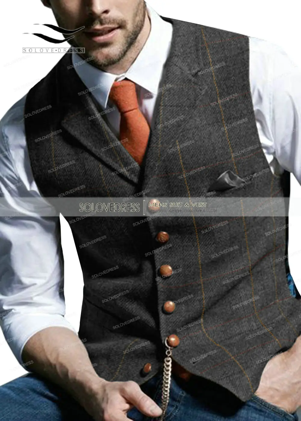 Brown Casual Gentleman Men's Army Green Vest Plaid Soft Wool Jacket Tweed Business Waistcoat For Wedding Best Man 2