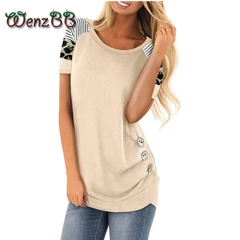 

Wenzbb Leopard Striped Patchwork T-Shirt For Women 2020 Summer Short Sleeve Round Neck Button Loose Tees Tops Dropshipping