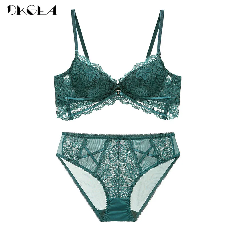 Beste 2020 Nieuwe Dikke Katoen Brasserie Borduurwerk Groene Bh Set Push Up C D Cup Ondergoed Set Sexy Bras Vrouwen Kant lingerie Sets Zwart