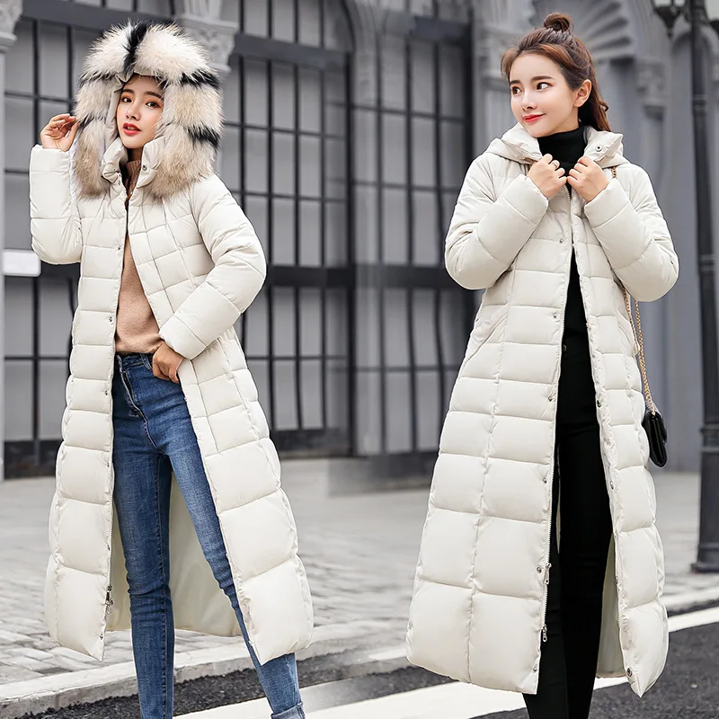 Зимний пуховик женский длинный участок меховой воротник мода тонкий темперамент куртка женская хлопковая стеганая одежда